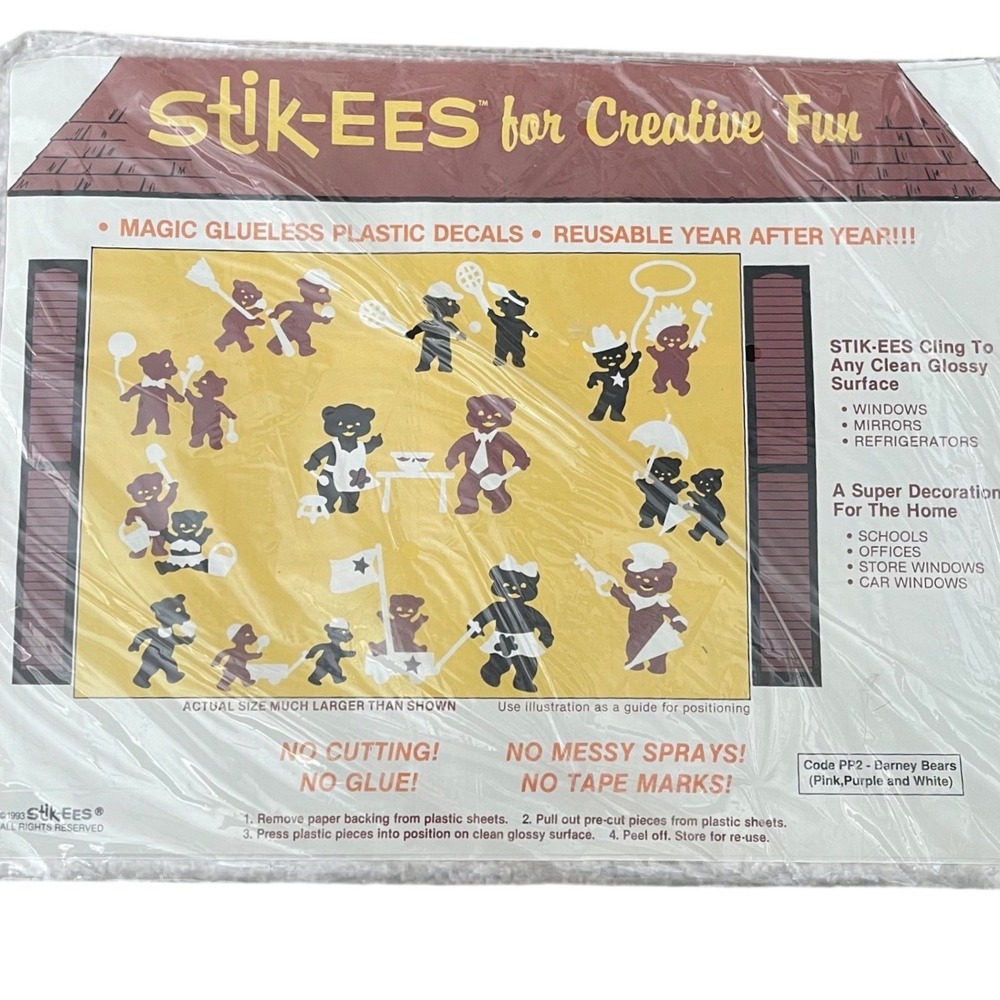 Vtg Stik-ees Window Clings 90s Teacher School Barney‎ bears brown black beige
